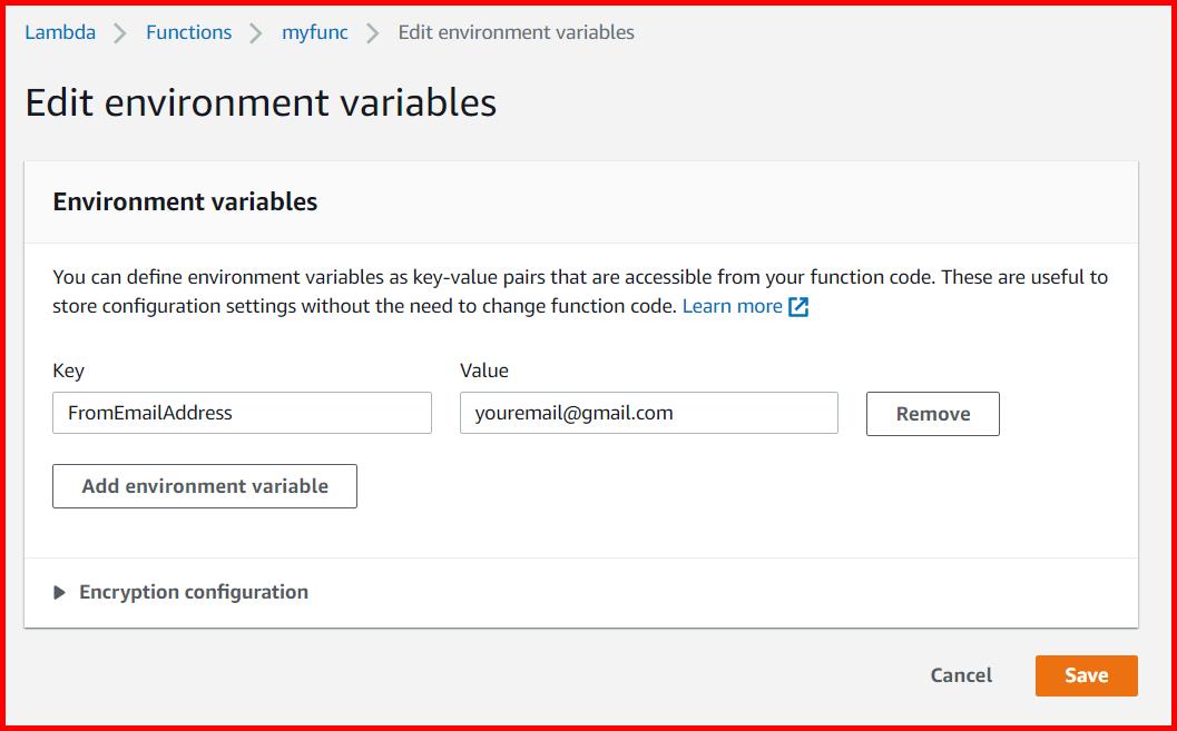 Picture showing adding the Environment variable in lambda function